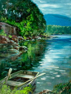 McCabe (US,mid 20C) oil painting: ARTIST: McCabe (American, mid 20 century) TITLE: River Landscape with Boat MEDIUM: oil on cardboard CONDITION: Minor damages to corners. Missing a few flakes of paint. No vi