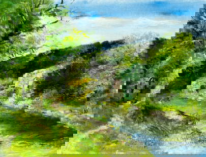 Josef Konecny (Czech,1907-1989) oil painting: ARTIST: Josef Konecny (Czech Republic, 1907 - 1989) TITLE: River Landscape MEDIUM: oil on canvas CONDITION: Unstretched (In-House stretching available). Very good. No visi