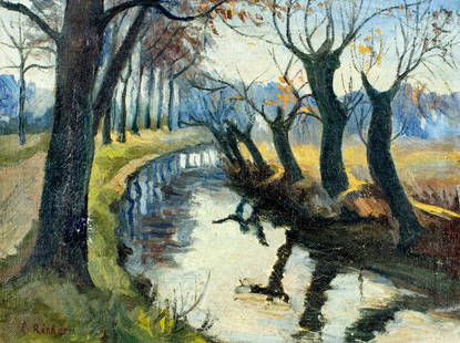 L Richard (US,early 20C) oil painting antique: ARTIST: L Richard (American, early 20 century) TITLE: Stream Landscape MEDIUM: oil on canvas CONDITION: One puncture repaired with corresponding inpainting. Few small paint