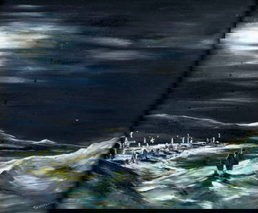 Vintage mid 20C American oil painting signed: ARTIST: - (American, mid 20 century) TITLE: Moonlit Coastal Landscape MEDIUM: oil on board CONDITION: Few faint scratches. No visible inpaint under UV light. Wear to frame