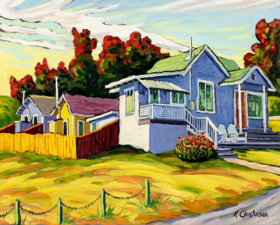 Ken Christensen (MI,CA,OH,b 1951) oil painting: ARTIST: Ken Christensen (Michigan, California, Ohio, born 1951) TITLE: Party House (titled on verso) YEAR: 2018 MEDIUM: oil on canvas CONDITION: Very goo
