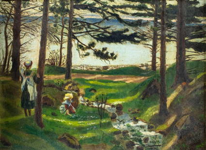 Antique early 20C American oil painting: ARTIST: - (American, early 20 century) TITLE: Stream Landscape with Figures MEDIUM: oil on canvas CONDITION: Relined. Missing a few flakes of paint. Few faint scratches. M