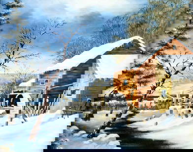 L Kauk (US,20C) oil painting: ARTIST: L Kauk (American, 20 century) TITLE: Winter Country Landscape MEDIUM: oil on canvas CONDITION: Very good. No visible inpaint under UV light. ART SIZE:
