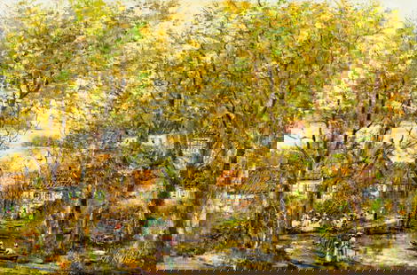 H King (Europe,20C) oil painting: ARTIST: H King (European, 20 century) TITLE: Autumn Village Scene MEDIUM: oil on canvas CONDITION: Unstretched (In-House stretching available). Few small paint losses. Some