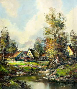 Th Kortten (German,20C) oil painting: ARTIST: Th Kortten (Germany, 20 century) TITLE: Village Landscape MEDIUM: oil on canvas CONDITION: Unstretched (In-House stretching available). Some paint losses. Some craqu