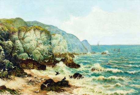 Alexander Mortimer (UK,fl 1885-1895) oil painting antique: ARTIST: Alexander Mortimer (British, fl.1885 - 1895) TITLE: The Devonshire Coast MEDIUM: oil on canvas CONDITION: Few minor paint losses. Minor craquelure. No visible inpain