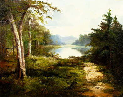 Ron Williams (TN,1947-2016) oil painting: ARTIST: Ron Williams (Tennessee, 1947 - 2016) TITLE: Forest Lake Landscape MEDIUM: oil on canvas CONDITION: Overall good. No visible inpaint under UV light. Normal wear a