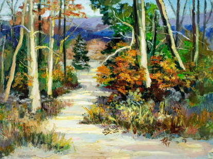 John Reilly (NY,NJ,1942-2021) oil painting: ARTIST: John Reilly (New York, New Jersey, 1942 - 2021) TITLE: Autumn Forest Landscape MEDIUM: oil on board CONDITION: Some damages to the lower edge. No visible inpaint u