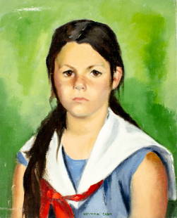Nevada Carr (American,20 century) oil painting: ARTIST: Nevada Carr (US,20C) TITLE: Portrait of Girl - Kate Pfeiffen Berger (titled on verso) MEDIUM: oil on canvas CONDITION: Unstretched (In-House stretching available).