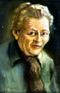 Roland Partos (Romania,US,1929-?) oil painting: ARTIST: Roland Partos (Romanian, American, 1929 - ???) TITLE: Portrait of Old Woman YEAR: 1967 MEDIUM: oil on canvas CONDITION: One white spot by the l