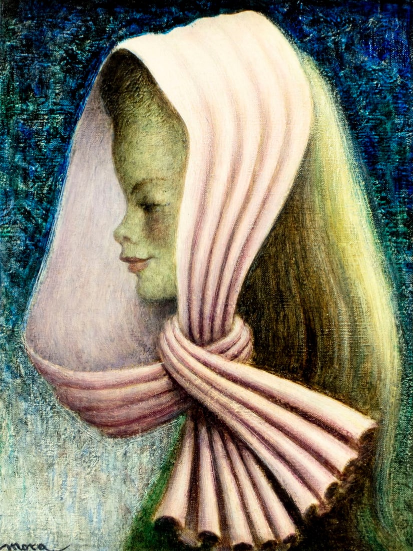 R Mora (Spain,1909-?) oil painting: ARTIST: R Mora (Spanish, 1909 - ???) TITLE: Portrait of Woman MEDIUM: oil on canvas CONDITION: Overall good. No visible inpaint under UV light. Wear to frame. A