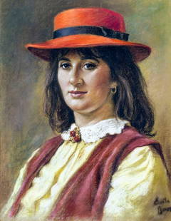 Emile Baes (Belgium,1879-1953) pastel painting: ARTIST: Emile Baes (Belgian, 1879 - 1953/54) TITLE: Portrait of Woman with Red Hat MEDIUM: pastel on paper CONDITION: Very good. Framed under glass. Wear to frame.