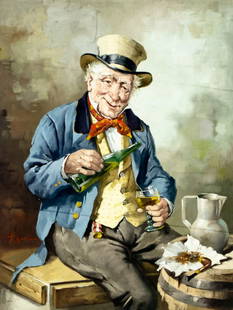 Hans Kerber (Austria,1920-?) oil painting: ARTIST: Hans Kerber (Austrian, 1920 - ???) TITLE: Man Drinking Wine MEDIUM: oil on canvas CONDITION: Unstretched (In-House stretching available). Some faint scratches. No