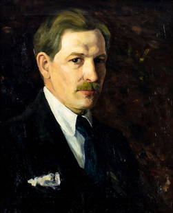 Antique early 20C European oil painting: ARTIST: - (European, early 20 century) TITLE: Portrait of Man MEDIUM: oil on canvas CONDITION: Some scattered inpaitings mostly along lower edge. Some craquelure.