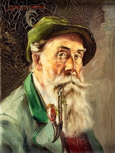 Huldrich Zimmermann (Swiss,1880-1936) oil painting antique: ARTIST: Huldrich Zimmermann (Switzerland, 1880 - 1936) TITLE: Portrait of Man with Pipe MEDIUM: oil on board CONDITION: Some craquelure. No visible inpaint under UV light.