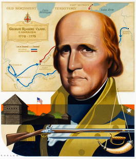 Howard Koslow (NJ,NY,1924-2016) oil painting: ARTIST: Howard Bertram Koslow (New Jersey, New York, 1924 - 2016) TITLE: George Rogers Clark MEDIUM: oil on board CONDITION: Very good. No visible inpaint under UV light.