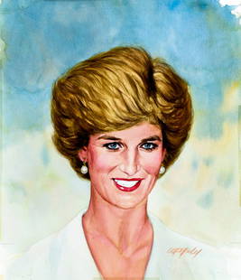 Tom McNeely (Canada,1935-?) watercolor painting: ARTIST: Tom McNeely (Canadian, 1935 - ???) TITLE: Diana, Princess of Wales (titled on verso) YEAR: 1997 MEDIUM: watercolor on paper. Paper applied to board. CON