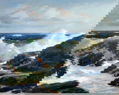 George Holloway (NJ,20C) oil painting: ARTIST: George Holloway (New Jersey, 20 century) TITLE: Seascape MEDIUM: oil on canvas board CONDITION: Few small paint losses. No visible inpaint under UV light. ART SIZE: 16 x 20 inches / 40 x 50