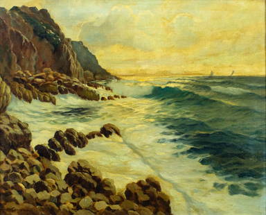 Warren Mansfield (CA,20C) oil painting: ARTIST: Warren T Mansfield (California, 20 century) TITLE: Seascape MEDIUM: oil on canvas CONDITION: Few small paint losses. Minor craquelure. No visible inpaint under UV light. ART SIZE: 24 x 30