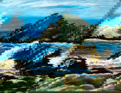 M Citron (US,20/21C) oil painting: ARTIST: M Citron (American, 20/21 centuries) TITLE: Rocky Coast MEDIUM: oil on canvas CONDITION: Very good. No visible inpaint under UV light. Wear to frame. ART