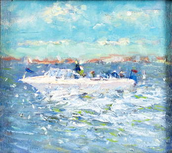 Robert Waltsak (NJ,b 1944) oil painting: ARTIST: Robert Alan Waltsak (New Jersey, born 1944) TITLE: Seascape with Boat YEAR: 2021 MEDIUM: oil on canvas board CONDITION: Very good. No visible inp