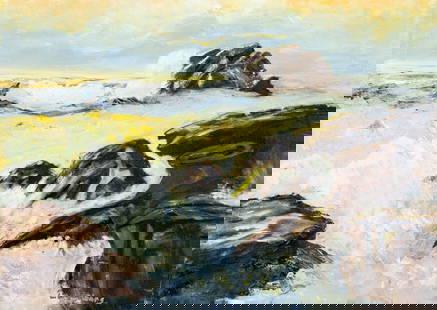 L Luxenborg (US,20C) oil painting: ARTIST: L Luxenborg (American, 20 century) TITLE: Sunset Seascape MEDIUM: oil on canvas CONDITION: Missing a few flakes of paint. No visible inpaint under UV light.