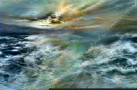 Lambertus de Jong (Dutch,1919-2005) oil painting: ARTIST: Lambertus de Jong (Netherlands, 1919 - 2005) TITLE: Sunset Seascape MEDIUM: oil on canvas CONDITION: Unstretched (In-House stretching available). Some paint losses mostly along edges. Minor