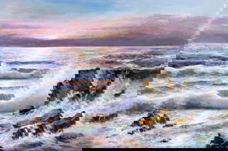 Remo Aldini (Italy,1943-?) oil painting: ARTIST: Remo Aldini (Italian, 1943 - ???) TITLE: Sunset Seascape MEDIUM: oil on canvas CONDITION: Unstretched (In-House stretching available). Very good. No visible inpaint under UV light. ART