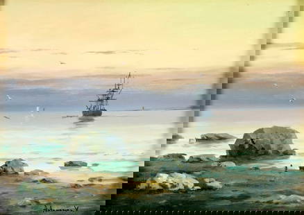 Valeriy Artamonov (Russia,b 1963) oil painting: ARTIST: Valeriy Artamonov (Russian, born 1963) TITLE: Seascape - Seashore (titled on verso) YEAR: 2001 MEDIUM: oil on canvas CONDITION: Very good. No visible inpaint under UV light. Wear to frame.