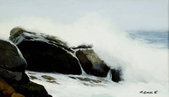 Albert Bross Jr (NJ,1921-2013) oil painting: ARTIST: Albert L Bross Jr (New Jersey, 1921 - 2013) TITLE: Rocky Coast Seascape MEDIUM: oil on board CONDITION: Very good. No visible inpaint under UV light. ART SIZE: 4 x 7 inches / 10 x 17 cm