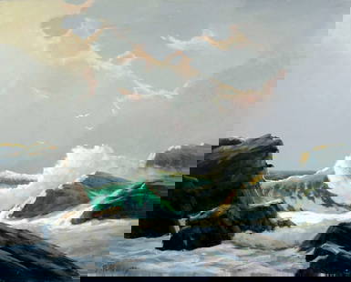 George Holloway (NJ,20C) oil painting: ARTIST: George Holloway (New Jersey, 20 century) TITLE: Sunset Seascape MEDIUM: oil on canvas CONDITION: Few small paint losses by the upper edge. One minor scratch by the lower right corner. No