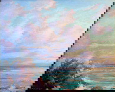 Carl Brandien (NY,1886-1965) oil painting: ARTIST: Carl William Brandien (New York, 1886 - 1965) TITLE: Afterglow, Fort Lauderdale, FL (titled on verso) YEAR: 1963 MEDIUM: oil on board CONDITION: Few very minor paint losses. No visible