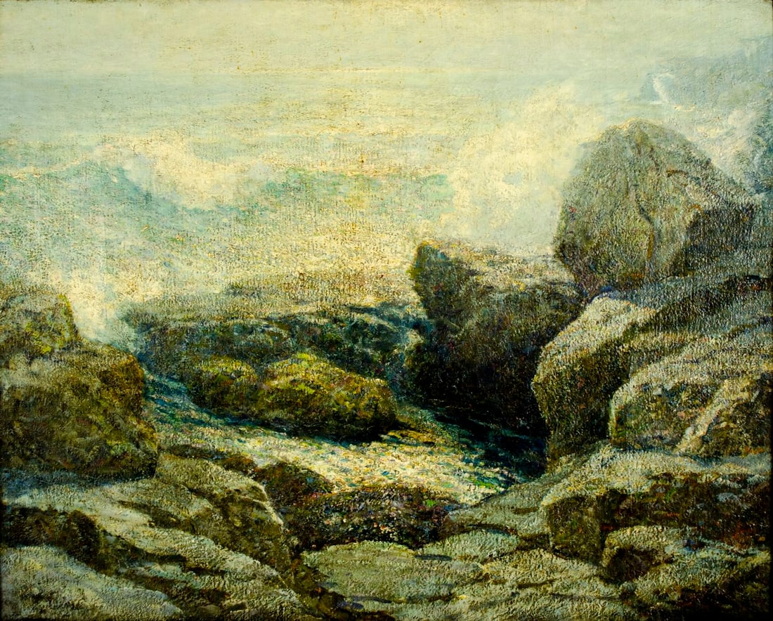 Ernest Albert (NY,CT,1857-1946) oil painting antique: ARTIST: Ernest Albert (New York, Connecticut, 1857 - 1946) TITLE: Breakers on a Rocky Shore MEDIUM: oil on canvas CONDITION: Some small paint losses mostly along edges. S