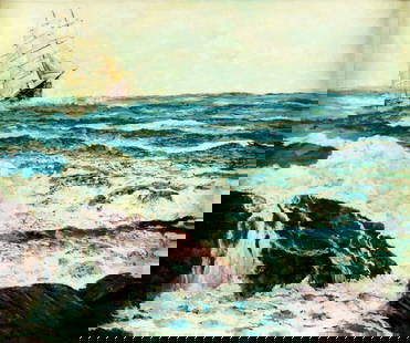 S Silver (US,20C) oil painting: ARTIST: S Silver (American, 20 century) TITLE: Seascape with Sail Ship MEDIUM: oil on canvas CONDITION: Few very minor paint losses. No visible inpaint under UV light. Wear