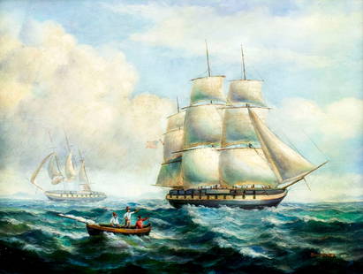 Robert Sanders (US,b 1950) oil painting: ARTIST: Robert Sanders (American, born 1950) TITLE: Sail Ship MEDIUM: oil on canvas CONDITION: Very good. No visible inpaint under UV light. Wear to frame. ART S