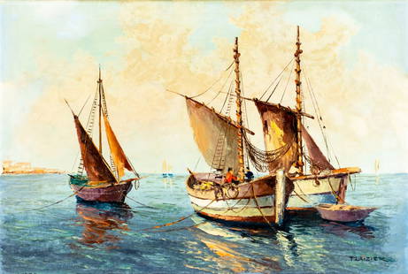 Plaizier (Europe,20C) oil painting: ARTIST: Plaizier (European, 20 century) TITLE: Sailboats MEDIUM: oil on canvas CONDITION: Two pinholes by the right edge. Few very minor paint losses mostly by the upper lef