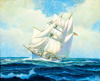 Bruce Elliot Roberts (NY,FL,1917-1993) oil painting: ARTIST: Bruce Elliot Roberts (New York, Florida, Virgin Islands, 1917 - 1993) TITLE: Sail Ship - Brigantine Yankee (titled on verso) YEAR: 1981 MEDIUM: oil on canvas