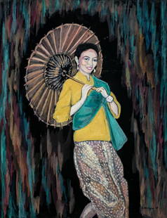 Evelyn Metzger (NY,Brazil,1911-2007) oil painting: ARTIST: Evelyn Borchard Metzger (New York, Brazilian, 1911 - 2007) TITLE: Thai Mallika, Thailand (titled on verso) YEAR: 1995 MEDIUM: oil on board CONDITION: