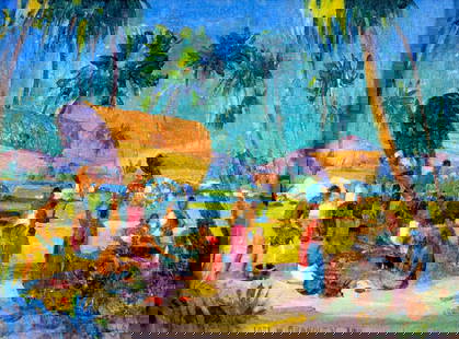 Carl Brandien (NY,1886-1965) oil painting antique: ARTIST: Carl William Brandien (New York, 1886 - 1965) TITLE: Village Scene, India YEAR: 1930 MEDIUM: oil on canvas. Canvas applied to board. CONDITION: Minor paint losses. Some scattered