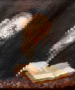Zjwicka Kuzmowicz (Poland,US,20C) oil painting: ARTIST: Zjwicka Kuzmowicz (Polish, American, 20 century) TITLE: Rabbi Reading Book MEDIUM: oil on canvas CONDITION: Some small paint losses. Minor craquelure. No visible inp
