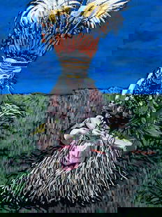 Evelyn Metzger (NY,Brazil,1911-2007) oil painting: ARTIST: Evelyn Borchard Metzger (New York, Brazilian, 1911 - 2007) TITLE: Tribal Woman YEAR: 1993 MEDIUM: oil on board CONDITION: Minor damage to lower