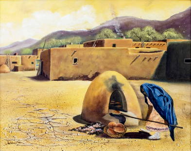LaWren (US,20C) oil painting: ARTIST: LaWren (American, 20 century) TITLE: Taos Pueblo, NM YEAR: 1975 MEDIUM: oil on canvas board CONDITION: Few minor paint losses. No visible inpaint