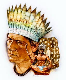 Hodges Soileau (LA,FL,1943-?) oil painting: ARTIST: Hodges D Soileau (Louisiana, Florida, 1943 - ???) TITLE: Powhatan, Portraits of American Indians (titled on verso) YEAR: 1980 MEDIUM: oil on board CONDI