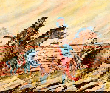 P Miller (US,20C) oil painting: ARTIST: P Miller (American, 20 century) TITLE: Indian Men on Horseback YEAR: 1970 MEDIUM: oil on canvas CONDITION: Some small paint losses. Some craquelu