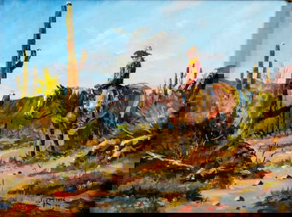 William Zivic (AZ,1930-?) oil painting: ARTIST: William T Zivic (Arizona, 1930 - ???) TITLE: Cowboy in Desert YEAR: 1973 MEDIUM: oil on canvas CONDITION: Few very minor paint losses. No visib