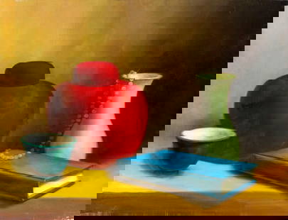 W Pater (US,20C) oil painting: ARTIST: W Pater (American, 20 century) TITLE: Still Life with Book and Vase MEDIUM: oil on canvas CONDITION: Few small faint scratches in the upper right quadrant. No visibl