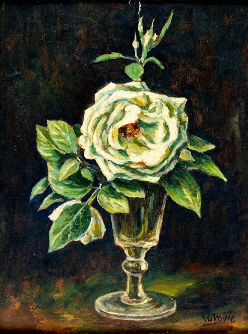 Marko Vukovic (NY,Yugoslavia,1892-1973) oil painting: ARTIST: Marko Walker Vukovic (New York, Yugoslavian, 1892 - 1973) TITLE: Still Life with White Rose in Glass YEAR: 1960 MEDIUM: oil on canvas. Canvas applied to board.