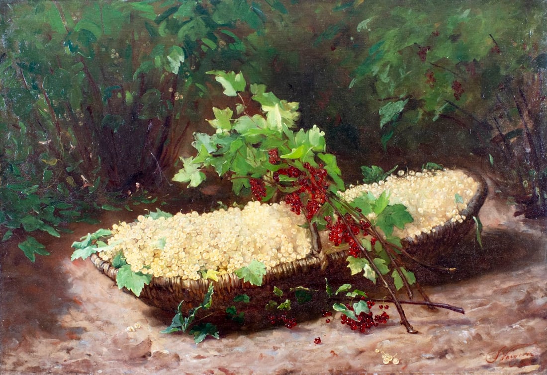 Felix Jules Naigeon (France,1855-1904) oil painting antique: ARTIST: Felix Jules Naigeon (French, 1855 - 1904) TITLE: Still Life with Berry Basket YEAR: 1881 MEDIUM: oil on canvas CONDITION: Relined. Few small sc
