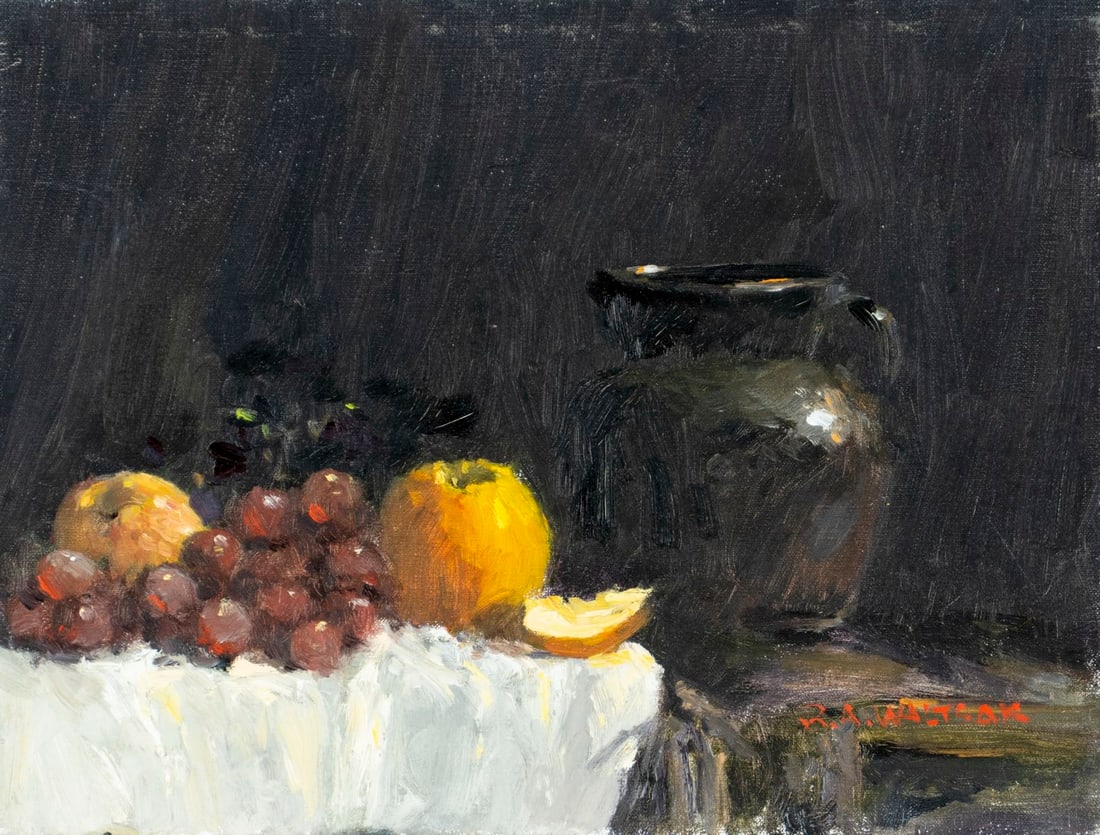 Robert Waltsak (NJ,b 1944) oil painting: ARTIST: Robert Alan Waltsak (New Jersey, born 1944) TITLE: Still Life with Jug, Apples and Grapes MEDIUM: oil on canvas CONDITION: Minor scratches mostly along edges. No vis