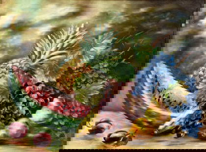 Antique 19C American oil painting: ARTIST: - (American, 19 century) TITLE: Still Life with Fruit MEDIUM: oil on canvas CONDITION: Two patches. Few small paint losses. Minor craquelure. Some scattered inpait